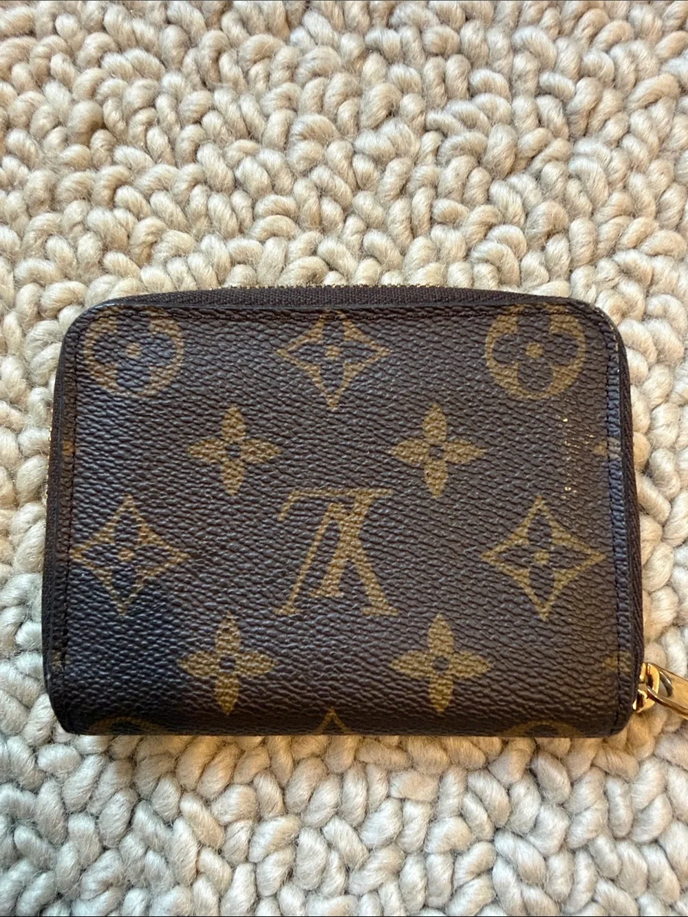 Authentic Louis Vuitton Monogram Zip Wallet in Brown and Gold Hardware